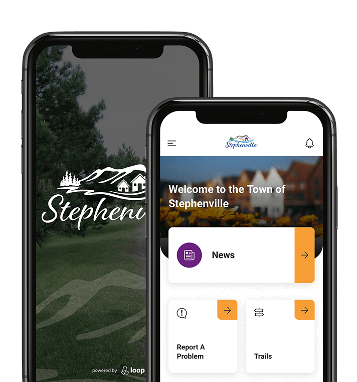 Splash and home screen for the Stephenville mobile app